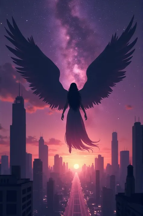 Sky with golden stars in purple color with a silhouette with giant wings, floating above skyscrapers