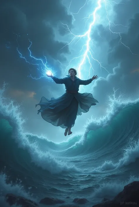 A young magician flying through a storm with giant waves and a monster immersed underwater 