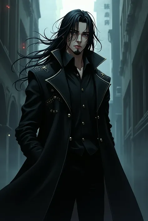 A man with black hair and a goatee wearing a black anime-style overcoat