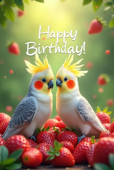 message from: happy birthday GH, with cockatiels and strawberries around 