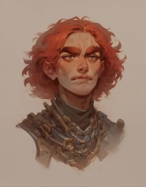 a portrait of a gnome in mechanig uniform with red hair and long brows, desert background, fantasy comic art