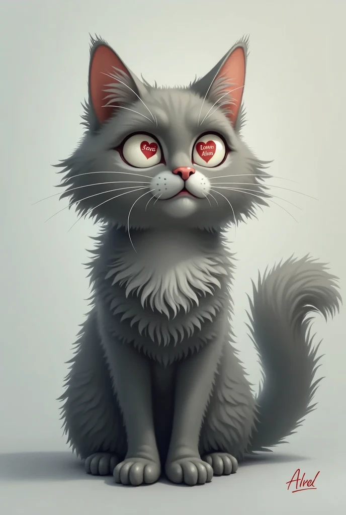 Gray cat with wavy long hair with a long and high tail, holding white paws in front of him ,and in the big eyes you can see a heart with an inscription "LOVE ALINA" and showing it to the viewer