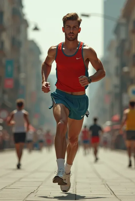  A young male runner in a square wearing a pair of short and very small classic vintage running shorts, much shorter and very bold, Retro Split model with side openings, de tecido leve, thin and flowing. 