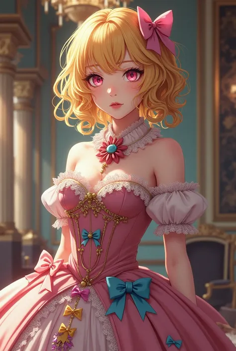 A girl with yellow hair and pink eyes wearing a Victorian era dress with lots of bows and colorful lace in the background of an anime-style ballroom 