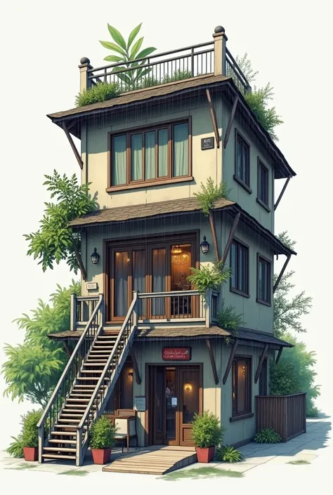 A 3-story apartment-type house, On the first floor there is a restaurant. Have a ladder in front. On the second floor there should be an apartment and on the third there should be a roof garden. Prioritize that the stairs are covered because the example is...