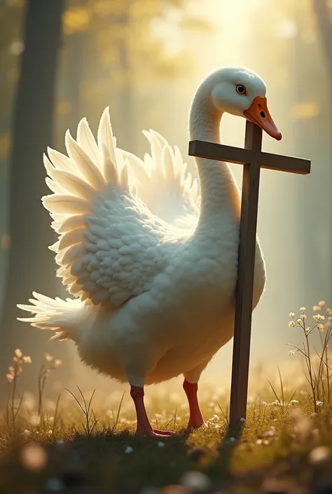 A goose with a cross in its hand 

