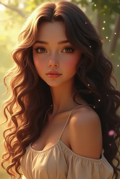 Can you show me a picture of a mortal woman, she’s light brown skinned. She’s a maiden. She has long gorgeous curls. She’s very soft and sweet and it’s full body in video game art style 