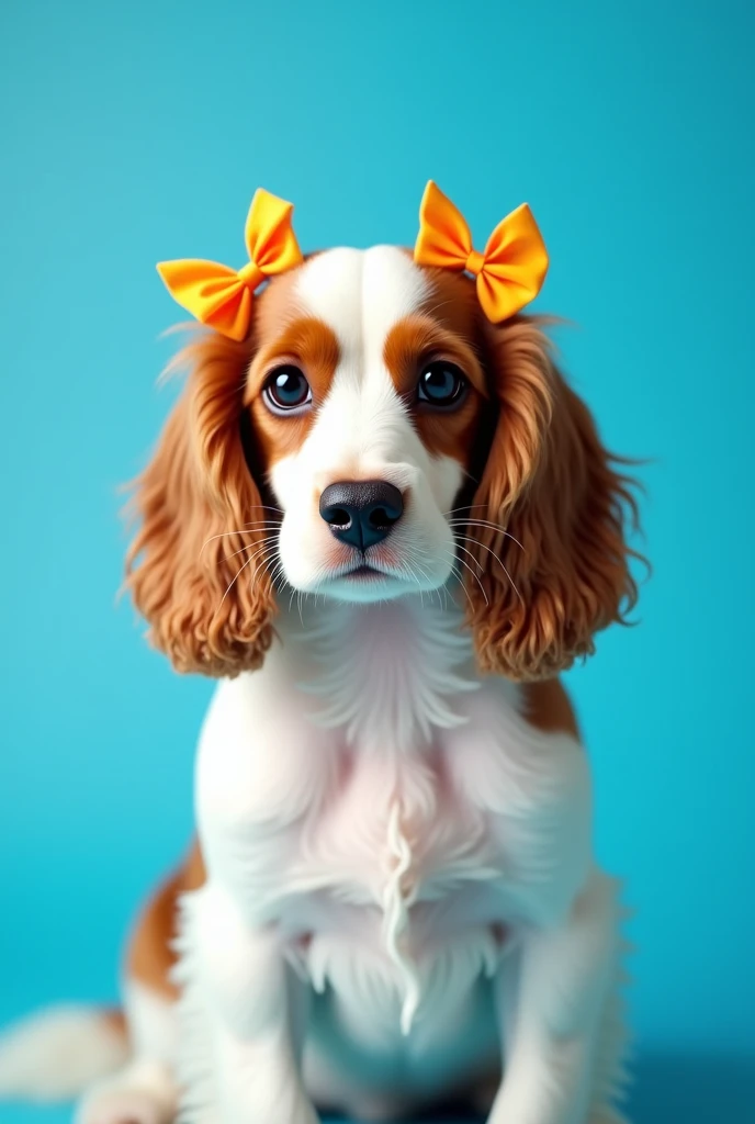 The best wallpaper for mobile phones, award winning wallpaper, portrait photography, In the front view is a portrait of a cute white and brown cocker spaniel dog with bows on his ears from the mid 60&#39;s space age, Profile photo, taken with Canon EOS R5,...