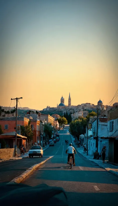 there is a man riding a bike down the street with a woman on it, view from the streets, town in the background, surrounding the city, townscape, town, by Alexis Grimou, from the distance, walking over a tiny city, by Nándor Katona, realistic photo of a tow...