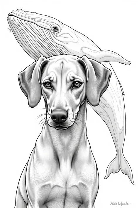 beautiful Vizsla with big eyes on a whale in Peaky Blinders style as a coloring picture in black and white
