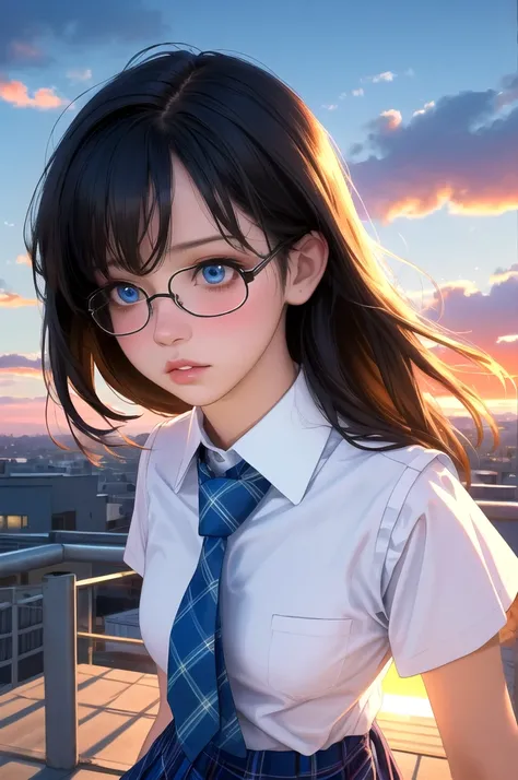 (masterpiece, best quality), , school, rooftop, school uniform, white shirt, blue plaid necktie, blue plaid skirt, blue sweater vest, standing, leaning, leaning back, wind, floating hair, hand in own hair,looking afar, thinking, light blush, parted lips, s...