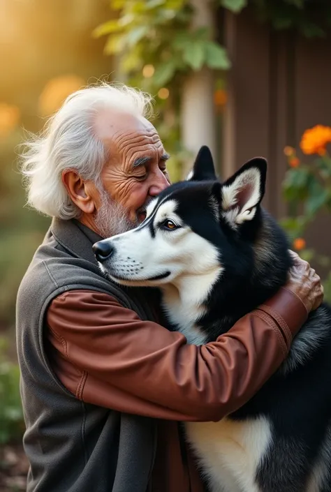 I saw a simple image of an elderly man hugging a black and white Siberian husky. Color image 