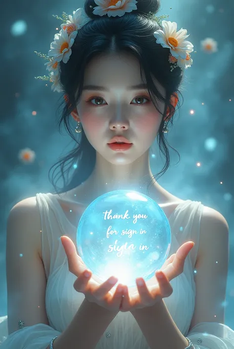 Create a Korean beautiful woman holding a crystal name" thank you for sign in" on it with magical background , woman smile expression 