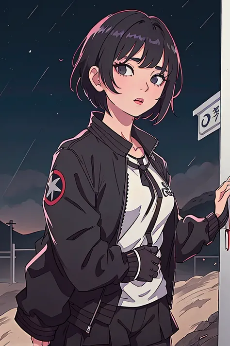 short haircut to neck level, anime korean girl with short hair, very high res, 4k res, black jacket, without glasses, questioning look, "skeler nightdrive" lettering in the background.