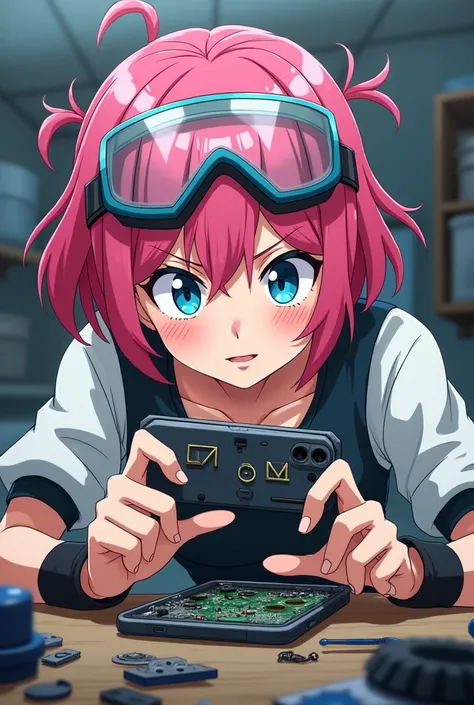 An image of Mei Hatsume from the anime Boku no Hero, repairing a cell phone with the initials CRM