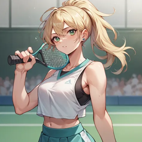 Girl 17 years old normal clothes fitness body tennis player  green eyes touchy look blonde ear
