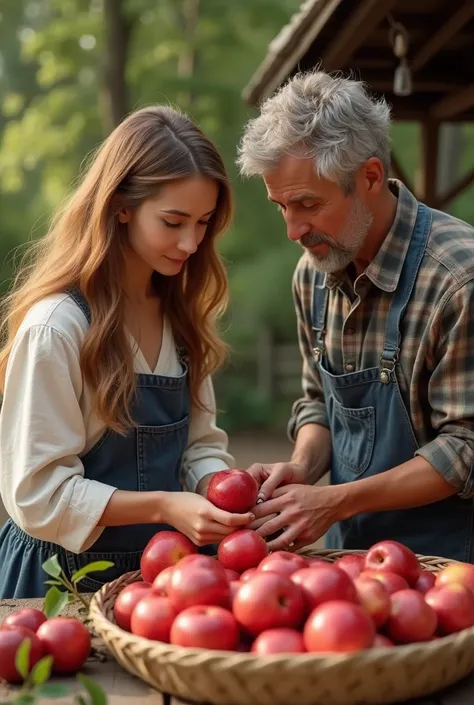 (photorealism:1.2), one beautiful american lady with her husband cleaning few red apples in the small bamboo basket. 4k, hyper realistic.