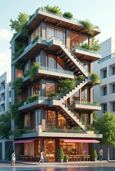 A 3-story building on the first floor has a restaurant. Have an independent staircase that goes up to the 3rd floor but is inside the building. On the second floor there should be an apartment and on the third there should be a roof garden. Prioritize that...