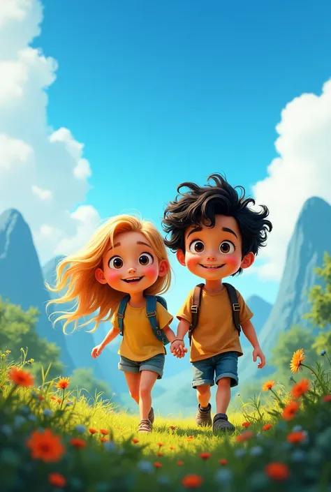 Pixar-style poster of a girl with brown eyes and blonde hair and a boy with black wavy hair on a trip