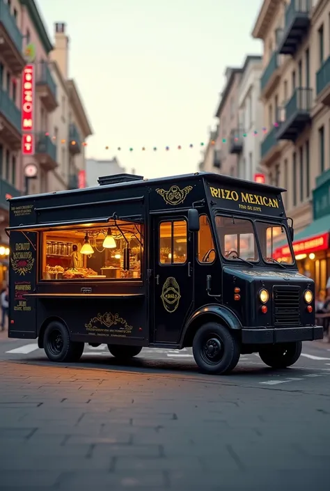 Generate the image of a simple black Mexican food truck 