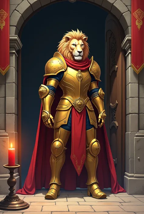 LION KNIGHT IN GOLD ARMOUR AND RED CANDLE AT MEDIEVAL CASTLE DOOR IN ANIME STYLE