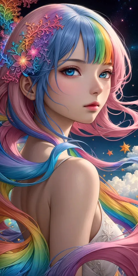 (Japanese girl:1.3), beautiful detailed eyes, beautiful detailed lips, extremely detailed eyes and face, long eyelashes, upper body, from side, looking at viewer, (fractal art:1.3), (rainbow color hair, colorful hair, half blue and half pink hair:1.2), wat...