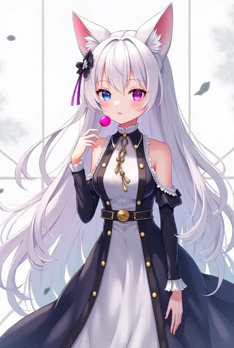 Beautiful anime girl, long white hair, different eye colors, magenta and blue eyes, long black and white dress, eating a lollipop, have down cat ears