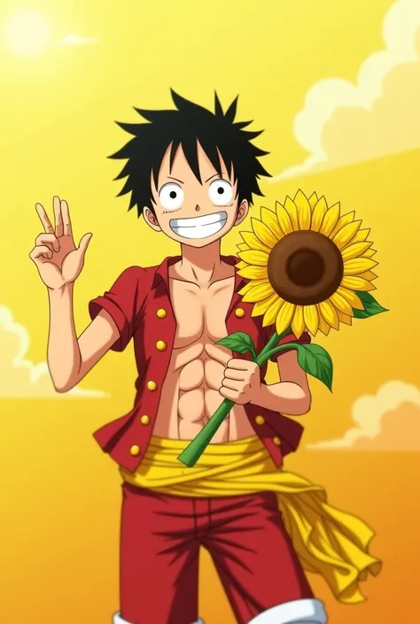 Crie uma imagem do Luffy, do anime One Piece, participating in the Yellow September campaign, that promotes mental health awareness and suicide prevention. Luffy should be in a welcoming and encouraging pose, holding a yellow ribbon (campaign symbol) or we...