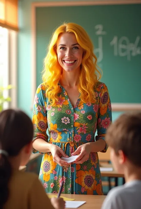 teacher with yellow hair woman talking and wearing happy dress