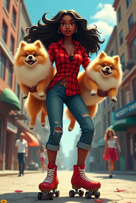 A dark-skinned woman with long hair and red checkered shirt with roller skates and two pomeranians in her hand 