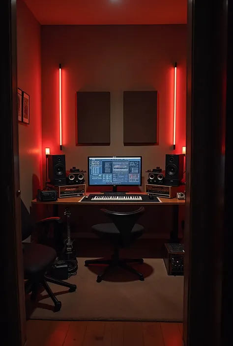 home studio, low light, 4K resolution, front view, without a person, 16:9, without instruments, only audio monitors, FRONT VIEW, with cameras, red lights