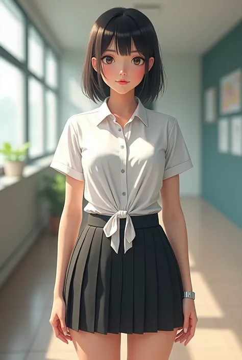 The schoolgirl with a skirt and a shirt tied at the waist, a good body 
