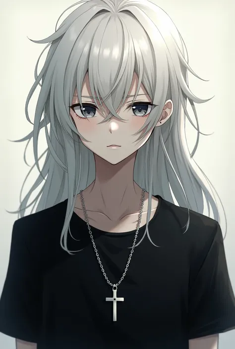 make a male character with white hair and a little long, anime style/manga, black shirt and a chain with a cross pendant made of silver, tired eyes and hairy