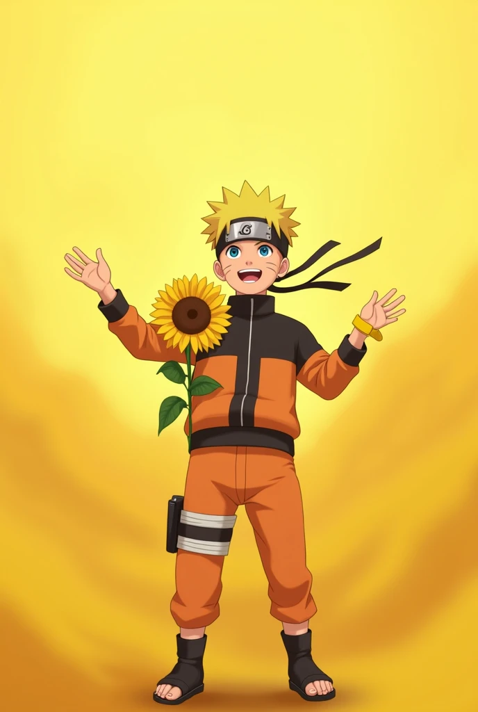 Create an image of Child Naruto, From the anime Naruto, participating in the Yellow September campaign, that promotes mental health awareness and suicide prevention. Naruto should be in a welcoming and encouraging pose, holding a yellow ribbon (campaign sy...