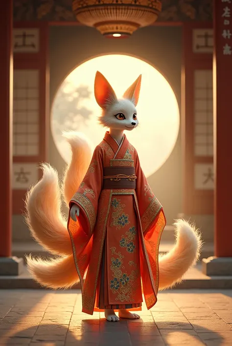 A kitsune wearing a kimono in an ancient Japanese temple 