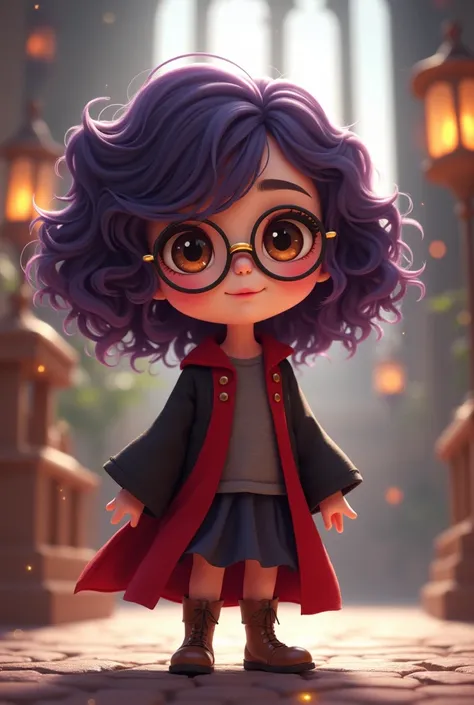 Girl, white skin tone, dark purple hair, curly, brown eyes, glasses, chibi, wizard, hogwarts, gryffindor