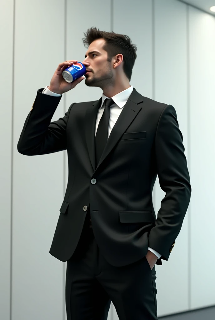 a young adult italian 2 Ben Affleck wearing a black suit drinking a pepsi can at a white ceo cabinet realistic image