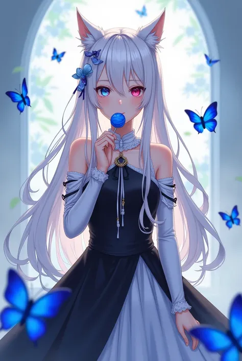 Beautiful anime girl, long white hair, different eye colors, magenta and blue eyes, long black and white dress, eating a lollipop, have down cat ears, blue butterflies on background