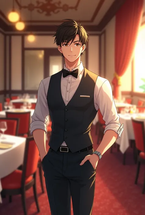 ((The best quality)), ((masterpiece)), (detailed), perfect face,Title: "Prince waiter" handsome guy standing in a restaurant, . She has a lovely and warm smile on her face., while he walks backwards anime version