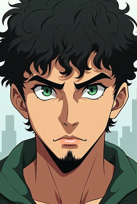 A twenty year old white male with black curly hair, a goatee and green eyes in anime style with a serious face 