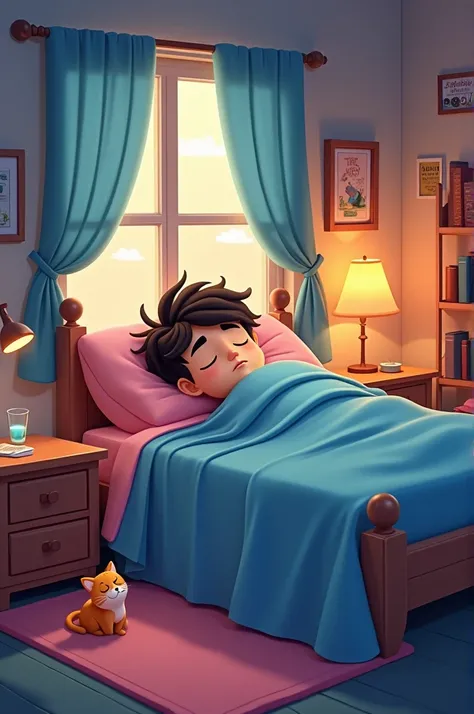 Animated cartoon of a person sleeping in his room 