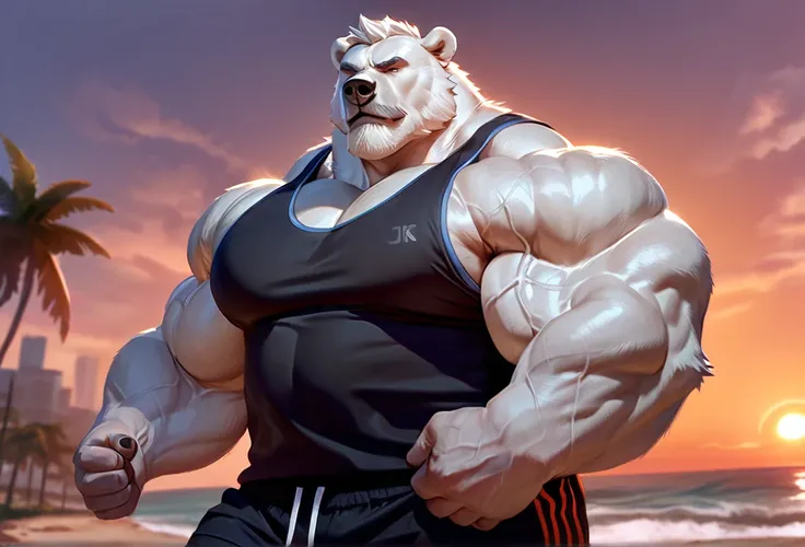 huge muscular polar bear in muscle beach, big hulking workout, grunting noise, polar bear, huge white fur, thick arm, huge arm, added gray mustache, added gray beard, Short white hair, weight: 310lbs, (veiny muscular, veiny pectoral, wide pectoral, thick a...