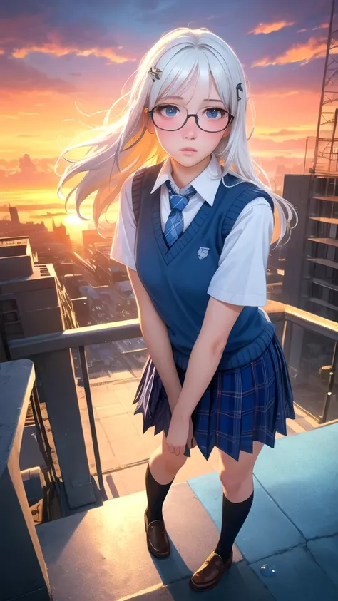 (masterpiece, best quality), , school, rooftop, school uniform, white shirt, blue plaid necktie, blue plaid skirt, blue sweater vest, standing, leaning, leaning back, wind, floating hair, hand in own hair,looking afar, thinking, light blush, parted lips, s...