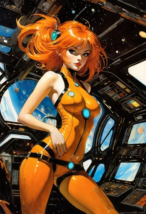 Zero gravity, highly detailed spaceship interior, sexy orange haired girl at the controls of the ship, sexy fururist costume, art inspired by Bill Sienkiewicz
