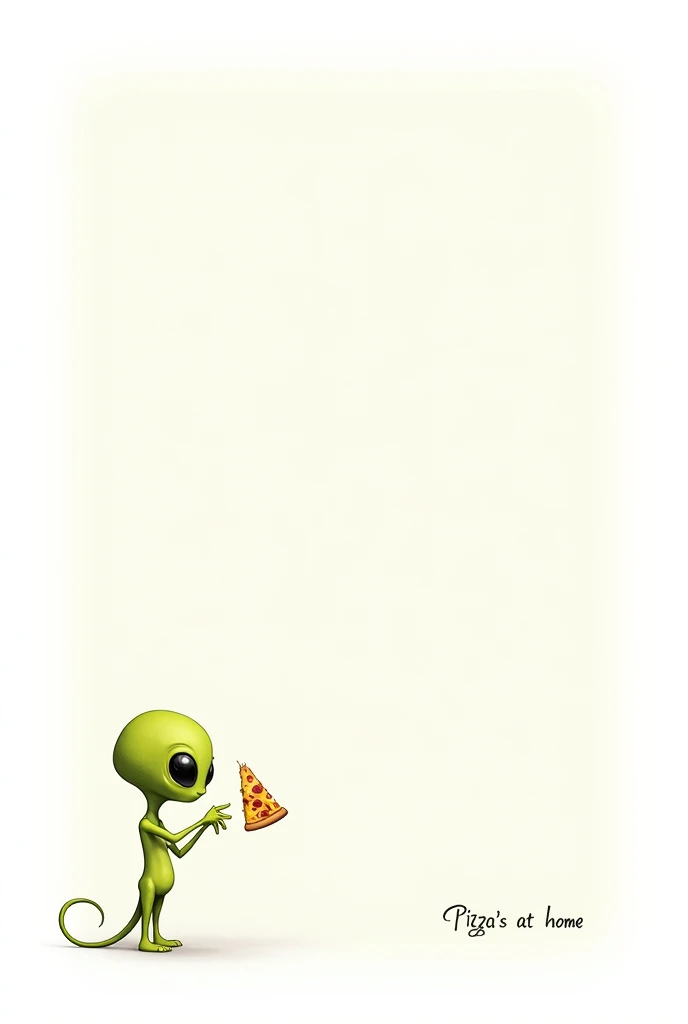 GREEN ALIEN ADMIRING A PIECE OF PIZZA, WHITE BACKGROUND WITH THE SLOGAN PIZZA&#39;S AT HOME