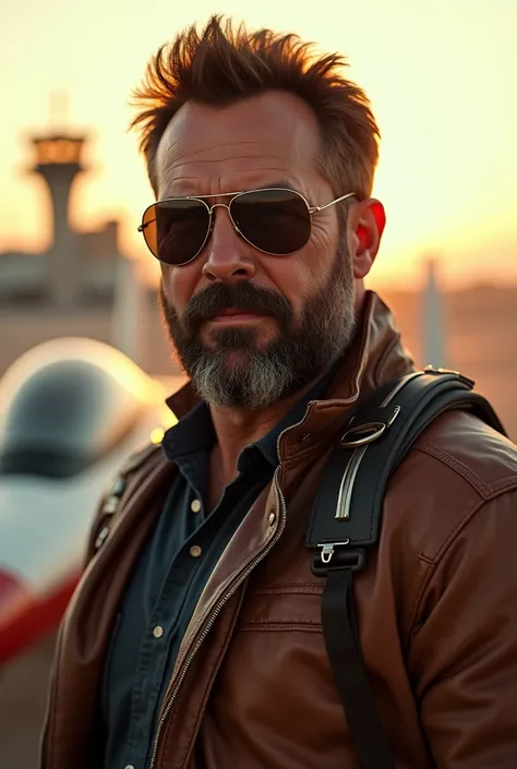 Imagine Matt Walsh with a brown beard and sunglasses in top gun the movie 