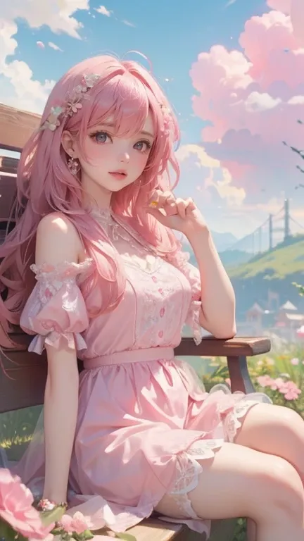 beauty, hidden face, 1 female, high quality, (【8k, desktop, The best, official art, beauty詳細, beauty的燈光, Girl sitting on pink cloud，Floating in the sky，pink clouds，Cutie wearing white lace and thin shoulders