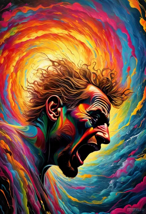 Hyper realistic image. Vibrant image transmits a lot of energy, lighting of multiple very vibrant colors, dynamic lines and patterns. Its silhouettes emerge as a synthesis of the digital and the organic, rich in detail. In it we see the head of a desperate...