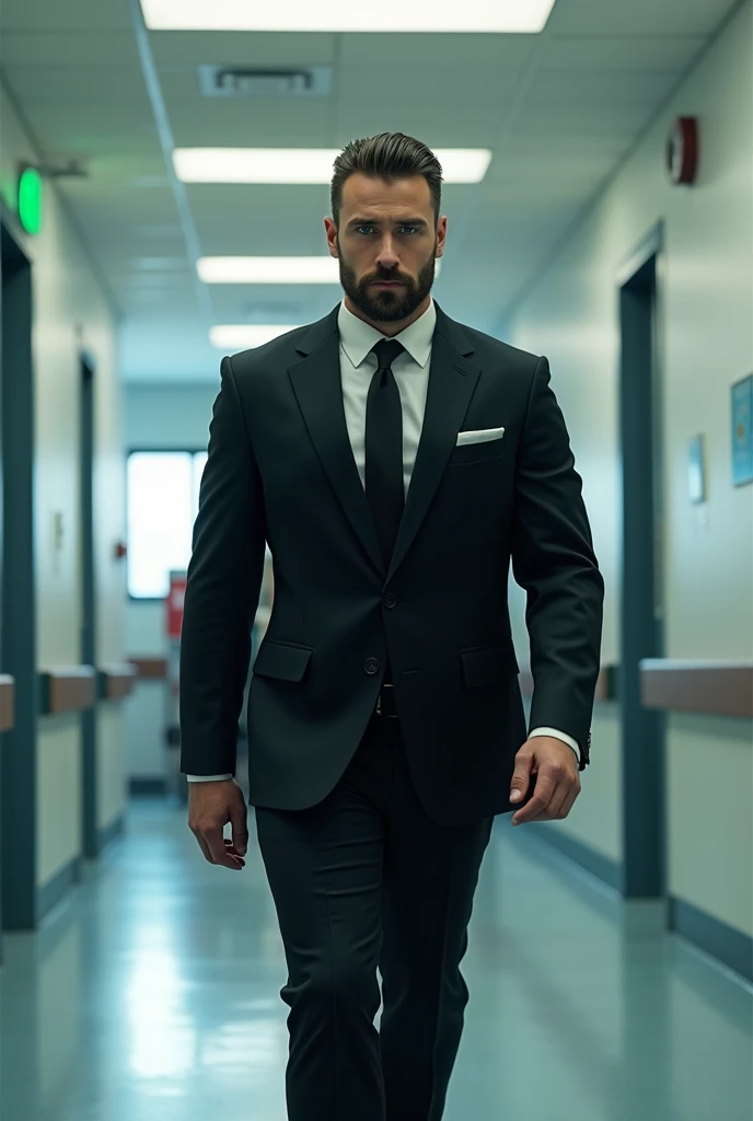 A young Italian man, 3, tall and muscular, with short hair, green eyes and a well-groomed short beard, wearing a black Italian suit, is entering a hospital. He walks the halls with confidence and determination, attracting attention with its imposing and el...