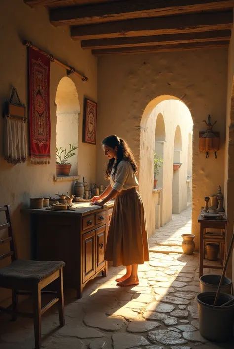 A young woman from Israel, working in your home. The house must be old, from many centuries ago 